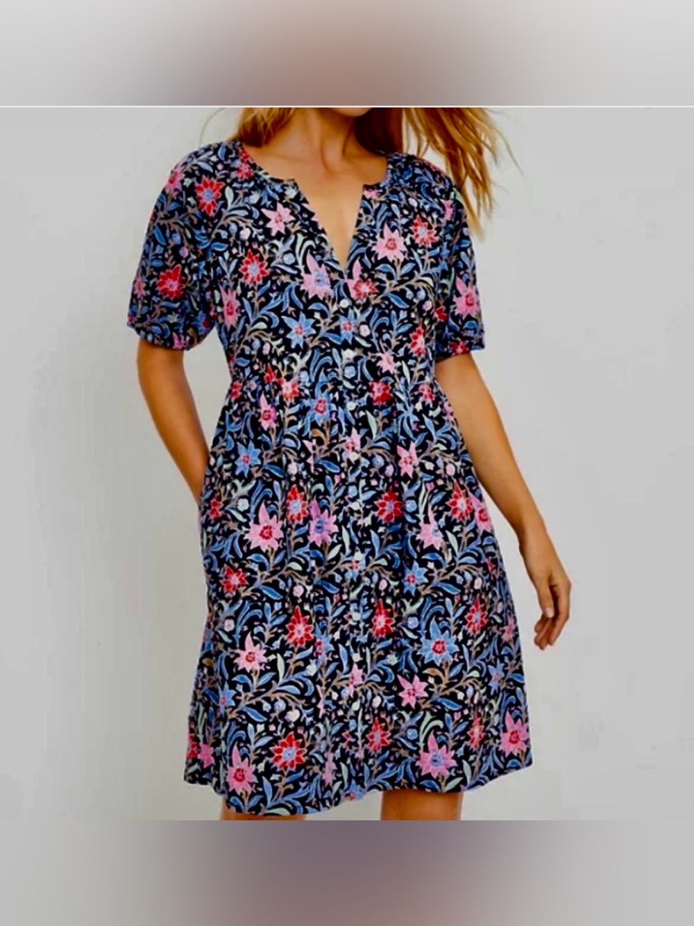 LOFT Floral V-Neck Mini Dress in Black, Pink, Blue